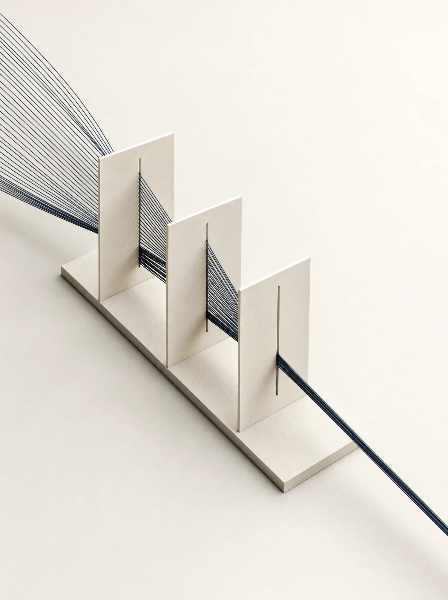 Fine steel strands pass through three architectural planes, narrowing many possibilities into one focused path.